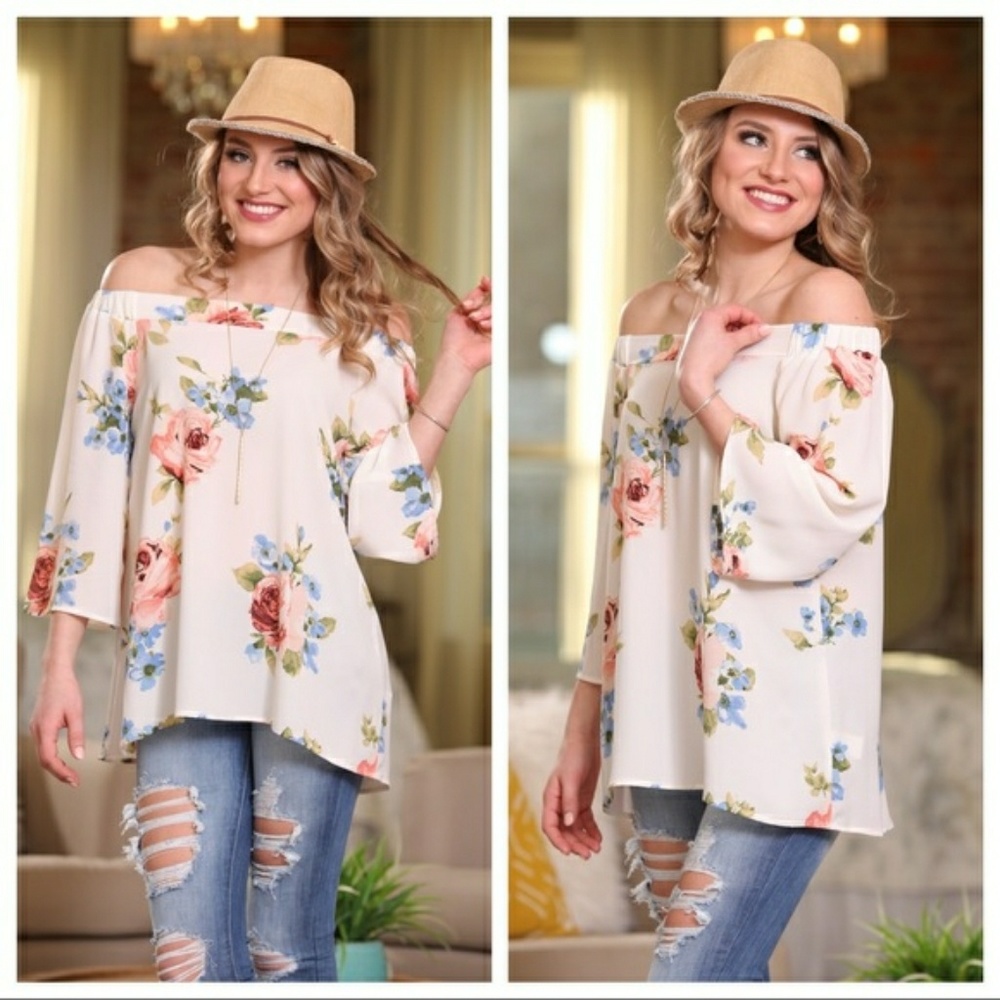 NWT IVORY FLORAL OFF SHOULDER - Picture 2 of 5